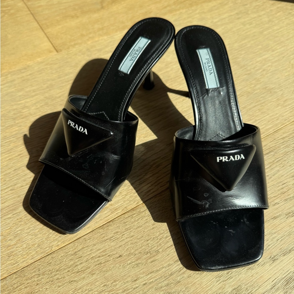 Prada Black Leather Heeled Mules